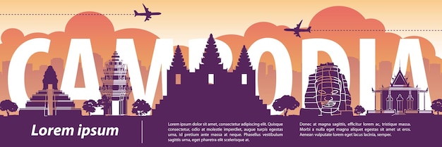 Cambodia famous landmark silhouette style with text inside