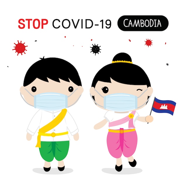 Cambodia People to Wear National Dress and Mask to Protect and Stop Covid-19. Coronavirus Cartoon  for Infographic.