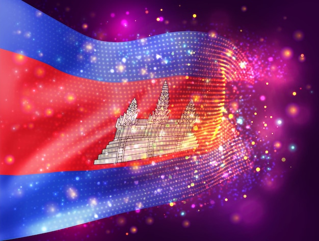 Cambodia, vector 3d flag on pink purple background with lighting and flares