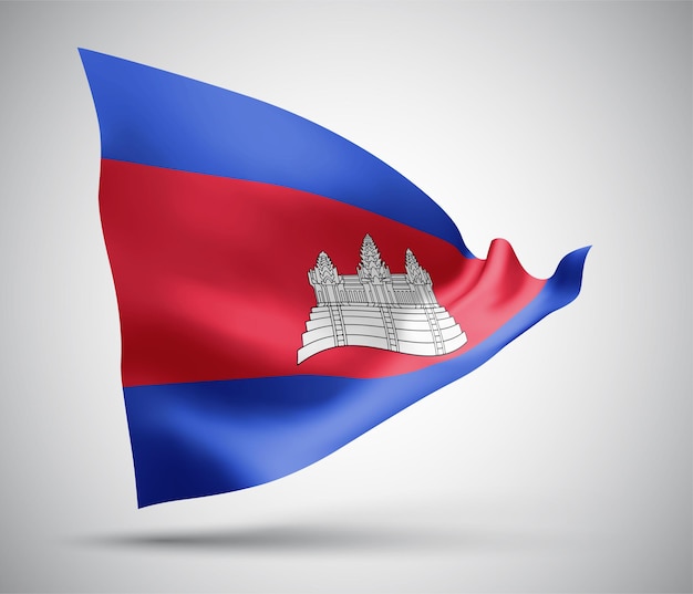 Cambodia, vector flag with waves and bends waving in the wind on a white background.