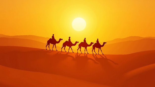 Vector camel caravan in desert at sunset