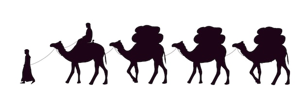 Vector camel caravan with bedouins in the desert. vector illustration.