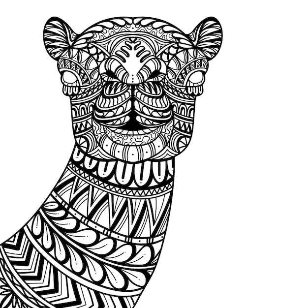 Camel head mandala zentangle coloring page illustration