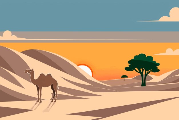 Vector a camel is walking in the desert with a sunset in the background