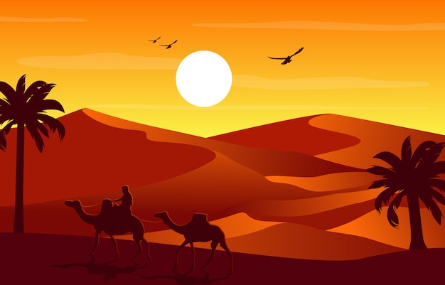 Camel Rider Crossing Vast Desert Hill Arabian Landscape Illustration