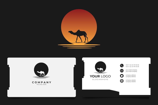 The Camel Silhouette at Beach Sunset Sun Retro logo With Business Card