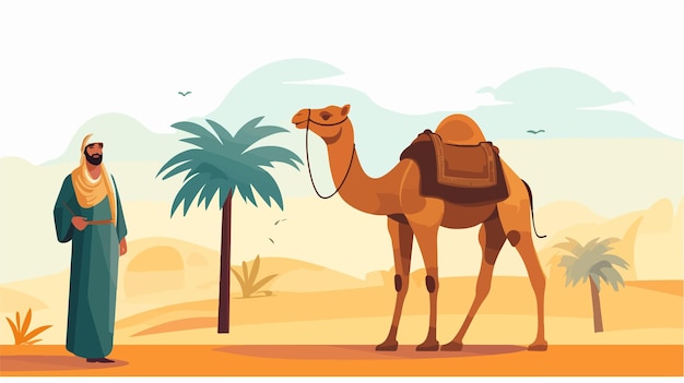 a camel with a camel and palm tree in the background