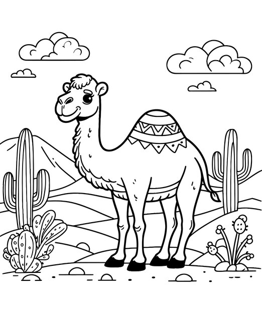 a camel with a hat and a cactus in the background