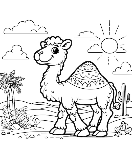 a camel with a palm tree in the background