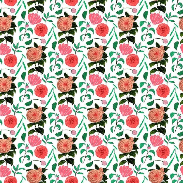 Camellia Flower &amp; leaf with buds Seamless Pattern Design