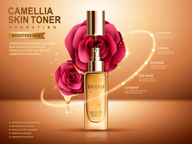 camellia skin toner in sprayer bottle golden background 3d illustration