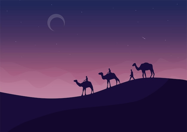 Vector camels in the desert at night, vector illustration.