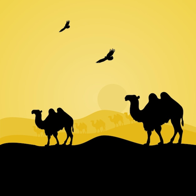 Camels walking in the desert