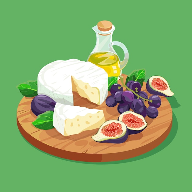 Vector camembert cheese figs grapes olive oil on wooden cutting board