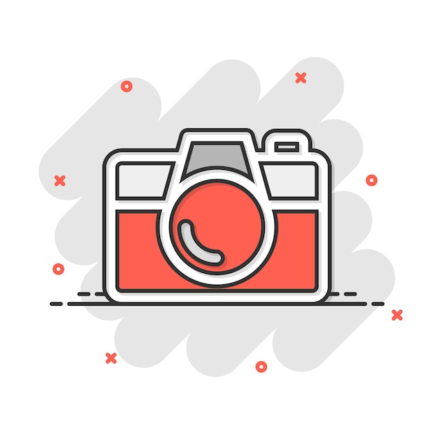 Camera device sign icon in comic style Photography vector cartoon illustration on white isolated background Cam equipment business concept splash effect