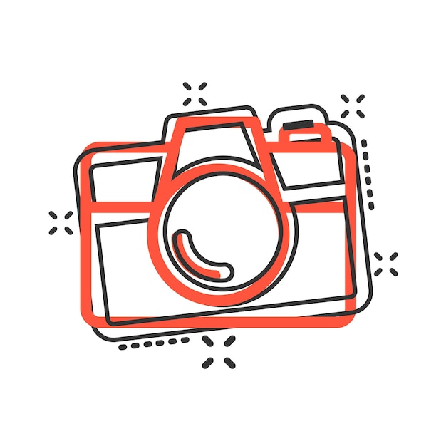 Camera device sign icon in comic style Photography vector cartoon illustration on white isolated background Cam equipment business concept splash effect