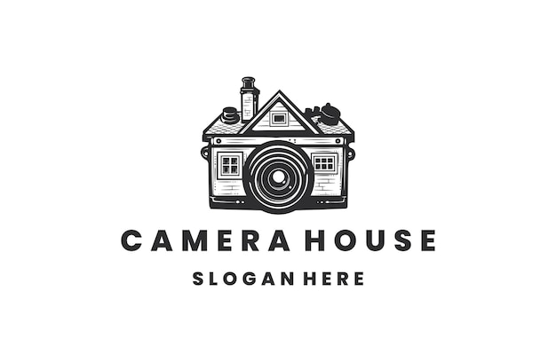 Camera house logo engraving style illustrations