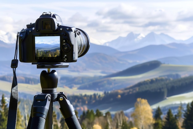 Vector a camera is being used to take a picture of a mountain landscape