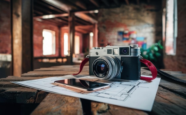 Vector a camera is sitting on a table with a red strap