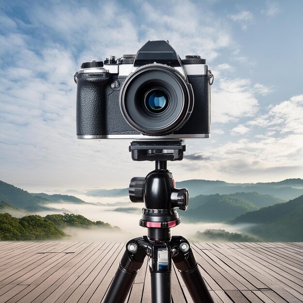 Vector a camera is sitting on a wooden table