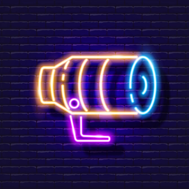 Camera lens neon icon Photo and video concept Vector illustration of a sign for design website decoration online store