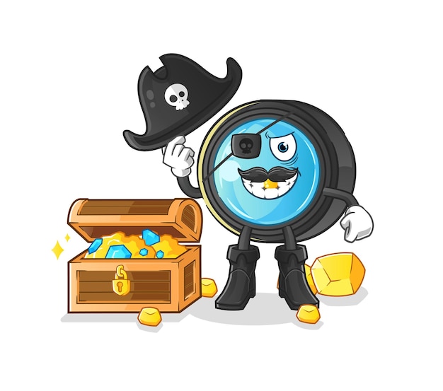 Camera lens pirate with treasure mascot. cartoon vector