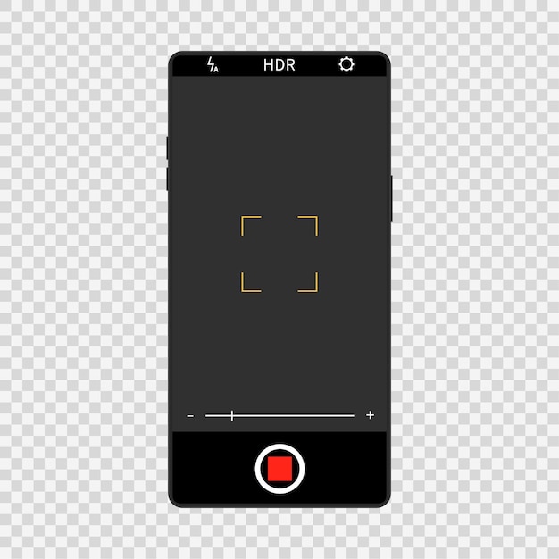 Camera screen interface on realistic smartphone. Mobile video and photo application design, camera viewfinders on black phone, photography snapshot display, focus and zoom interface vector mockup