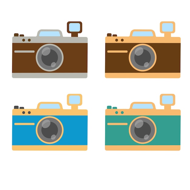 Camera set with flash Flat vector illustration of a camera Isolated on white background