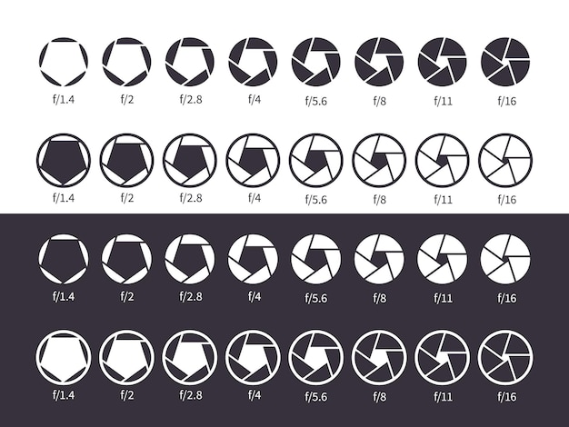 Camera shutter lens Aperture diaphragm different positions Black and white silhouette icons Rows with value numbers Stop motion Circle focus Vector optical zoom opening stages set