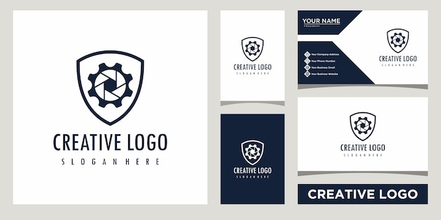 camera shutter with shield logo design template with business card design