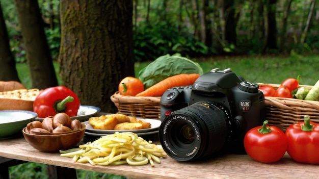 Vector a camera and some vegetables are on a table with a basket of vegetables