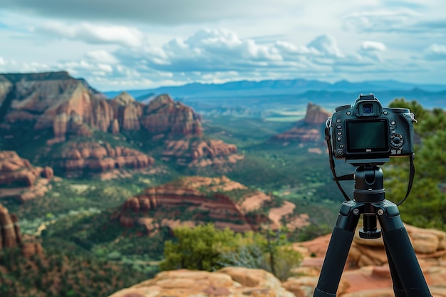 Vector camera on a tripod in the mountains