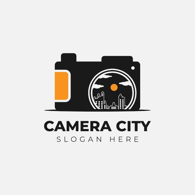 Camera with city building, logo design vector symbol icon illustration creative idea