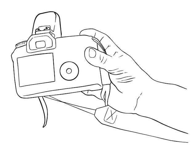 Camera with flash in hand doodle line cartoon