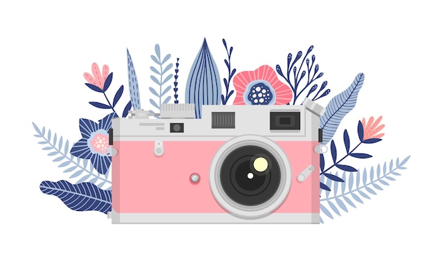 Camera with flowers Floral Camera logo design vector illustration Vintage retro camera icon