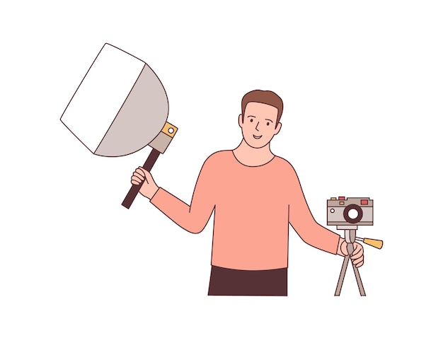 Cameraman with photographic equipment flat vector illustration. Professional photographer holding softbox and mirrorless camera. Photo studio worker cartoon character. Photo session design element.