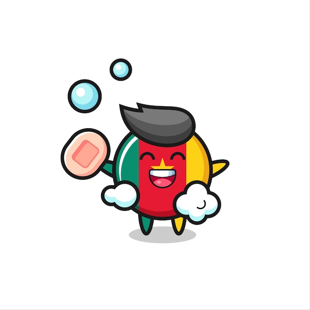 Cameroon flag badge character is bathing while holding soap