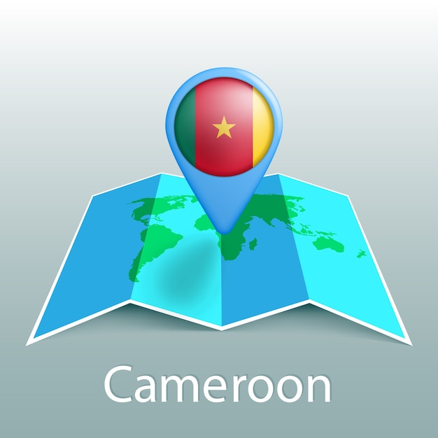 Cameroon flag world map in pin with name of country on gray background