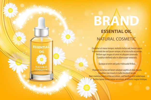 Camomile essential oil cosmetic product ad vector d illustration skin care bottle template design fa...