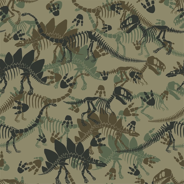 Camouflage vector pattern with dinosaur skeleton.