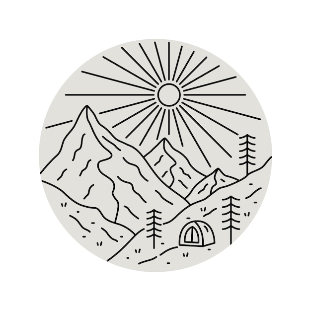 Camp on the mountains in mono line art design for badge sticker patch t shirt design etc