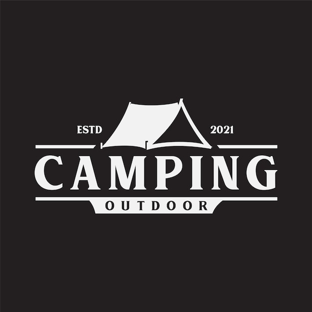 Camp tent in forest or mountains outdoor adventure emblems logos and badges