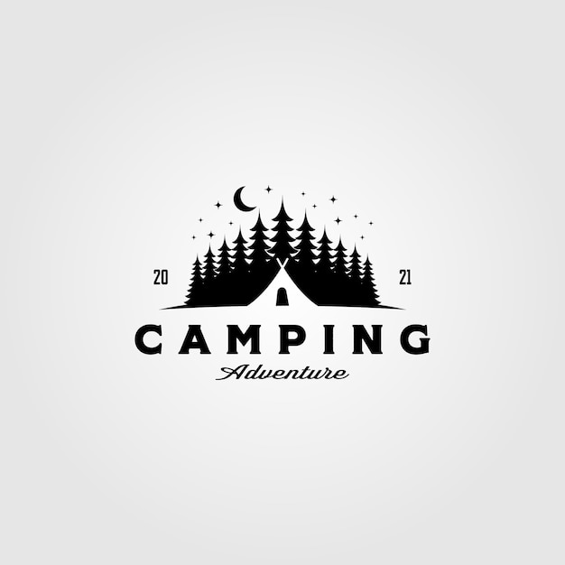 Camp tent logo in pine tree vintage   template