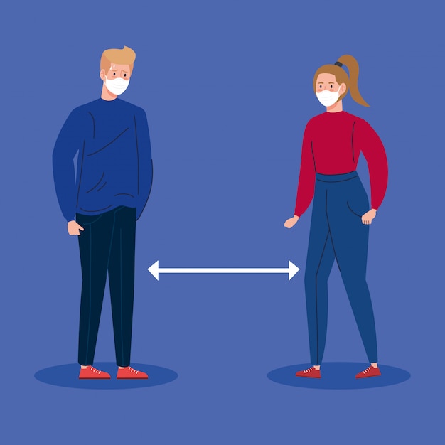 Vector campaign of social distancing for covid 19 with couple using face mask