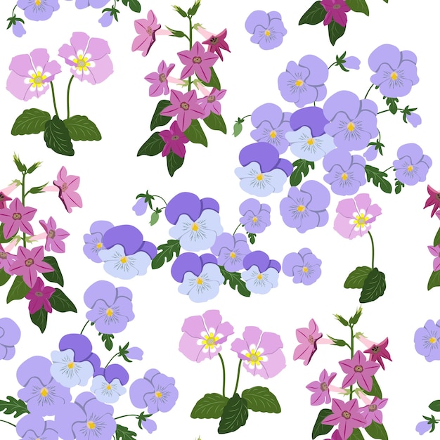 Campanula and pansies Tender spring flowers on a white background Seamless vector illustration For decoration of textiles packaging wallpaper