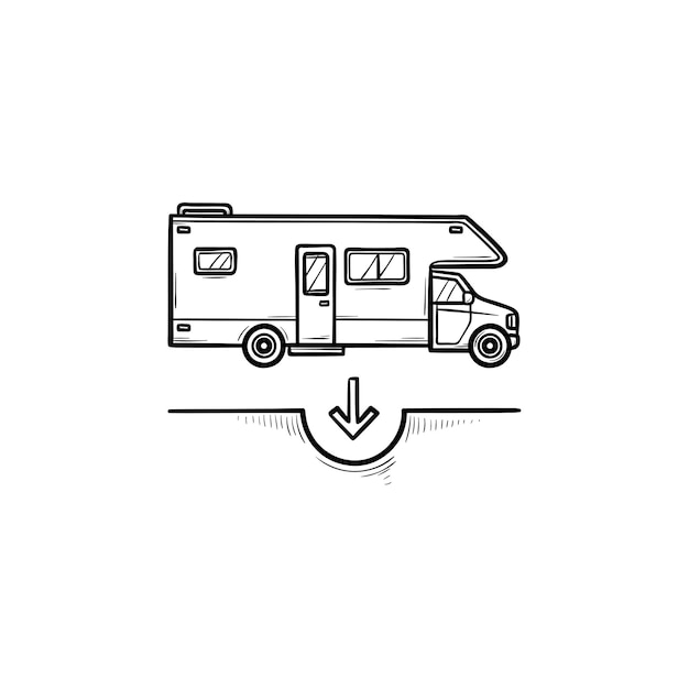 Camper hand drawn outline doodle icon. Tourism and recreation, vacation van and trailer, trip concept. Vector sketch illustration for print, web, mobile and infographics on white background.