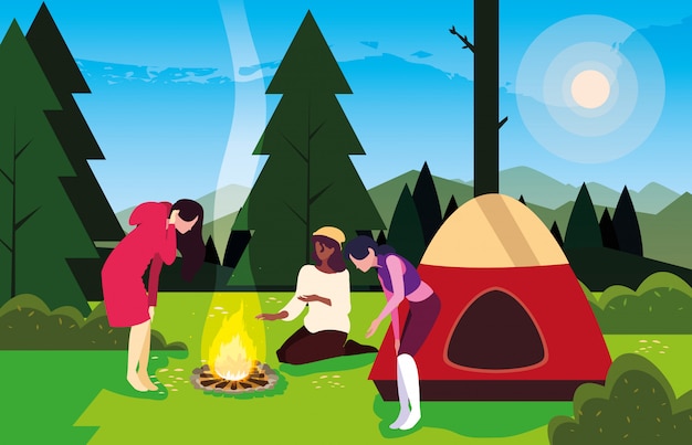 Campers in camping zone with tent and campfire day landscape