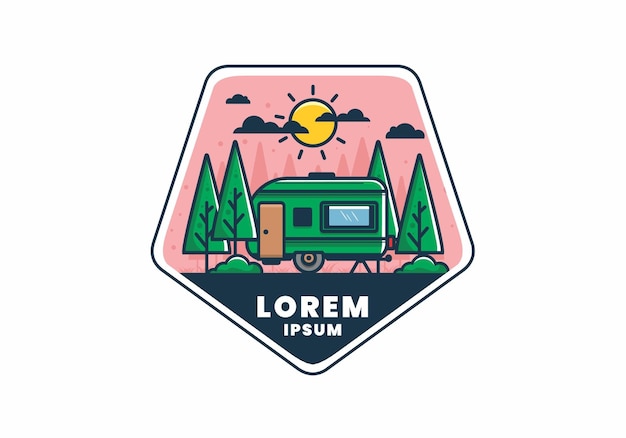 Campervan box with pine trees flat illustration