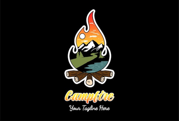 Campfire Bonfire Sky Pine Evergreen Spruce Conifer Larch Cypress Fir Forest with Lake Creek River for Outdoor Camp Adventure T Shirt Logo Design