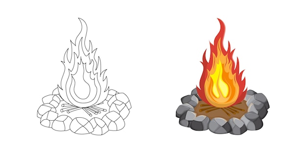 Campfire burning fire bonfire with firewood and stones Coloring page for children Contour icon